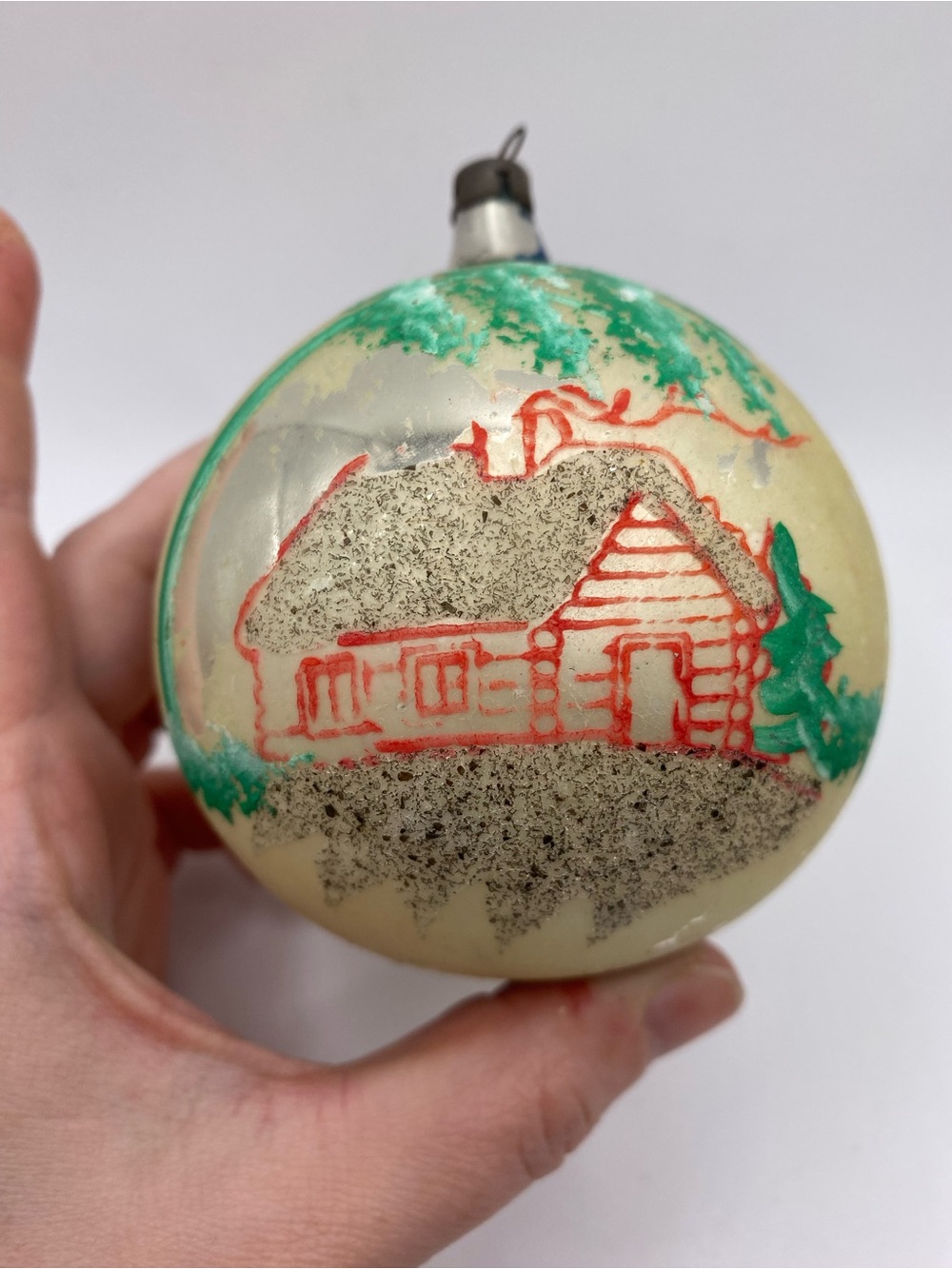 Vintage Polish Hand Painted Glass Mica Christmas Winter Cabin Ornament